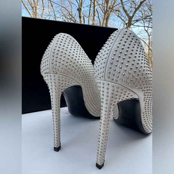 YSL SAINT LAURENT Metallic Studded High Heels Pumps Silver White 38 - Picture 3 of 9